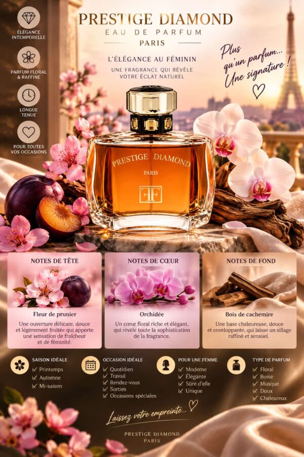 Prestige Diamond 100ml – Notes fleur de prunier, orchidée et bois de cachemire Prestige Diamond 100ml – Notes fleur de prunier, orchidée et bois de cachemire