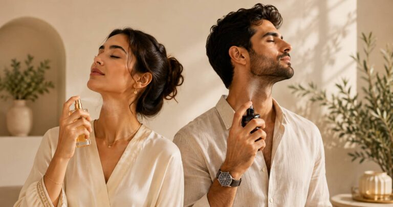 Homme et femme appliquant leur parfum sur le cou pour une meilleure tenue