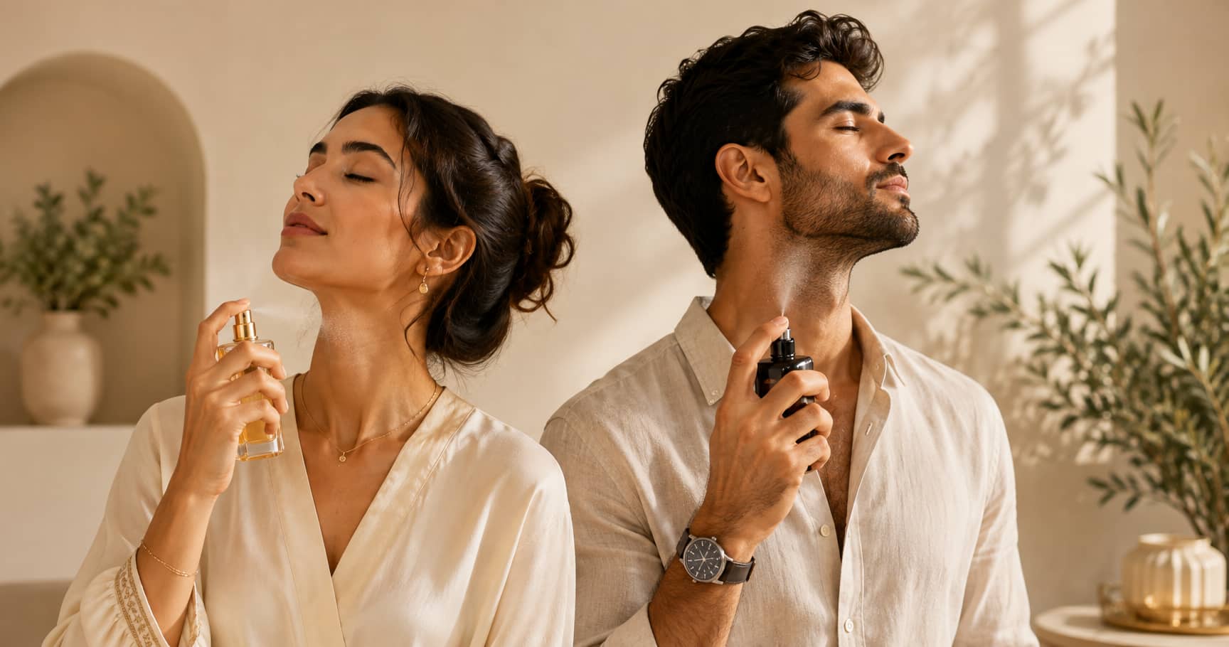 Homme et femme appliquant leur parfum sur le cou pour une meilleure tenue