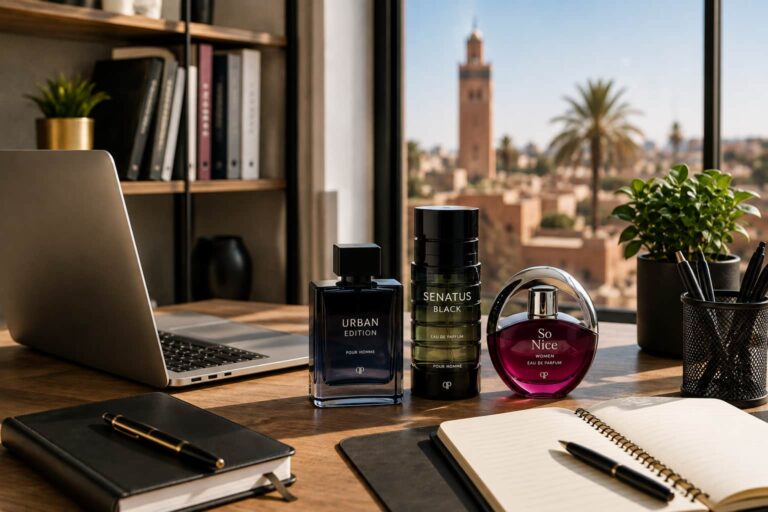 Parfums pour le travail au Maroc – Urban Edition, Senatus Black et So Nice Women au bureau