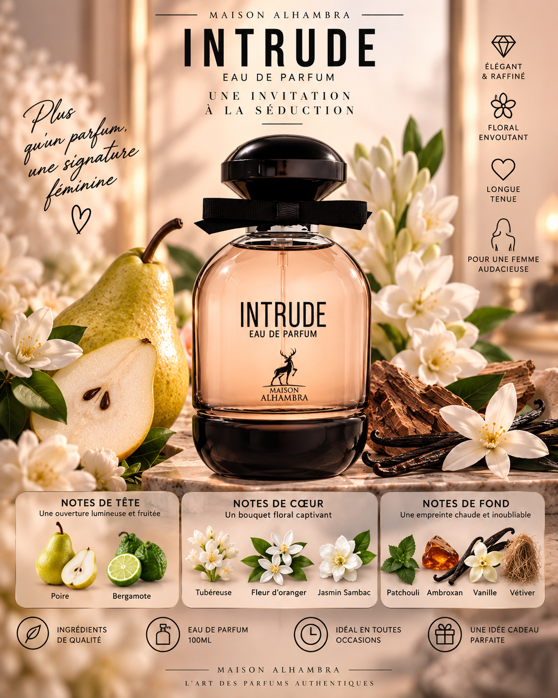 L’Intrude Maison Alhambra 100ml est un parfum femme floral, fruité et chaleureux. La poire et la bergamote ouvrent sur un cœur de tubéreuse, fleur d’oranger et jasmin Sambac, avant un fond de vanille, patchouli, ambroxan et vétiver.