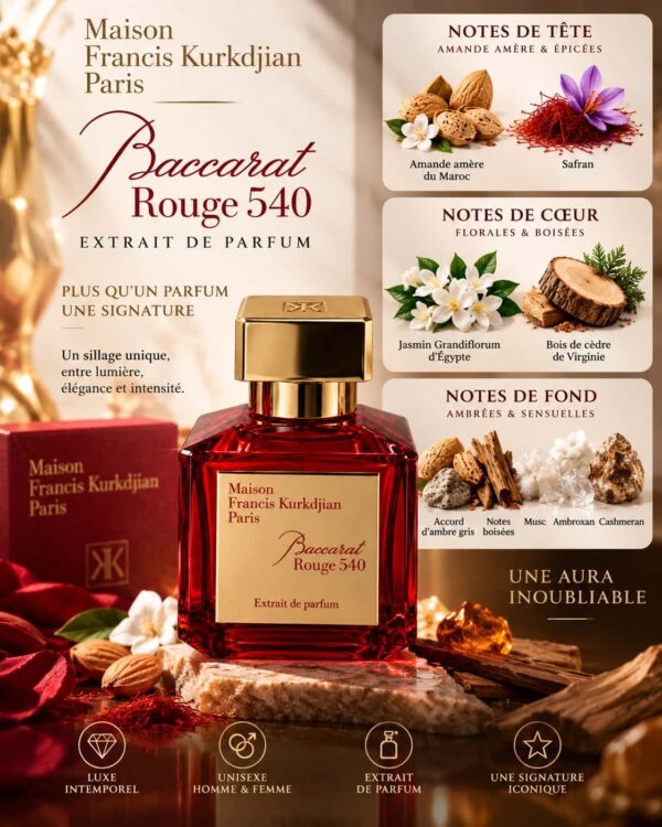 Baccarat Rouge 540 Extrait – amande amère, safran, jasmin, cèdre et ambre gris