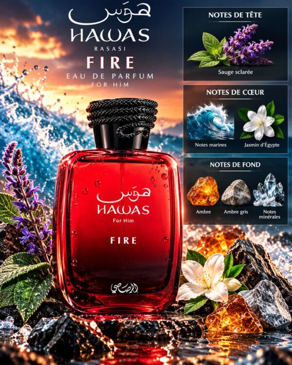 Rasasi Hawas Fire – sauge, notes marines, jasmin et ambre