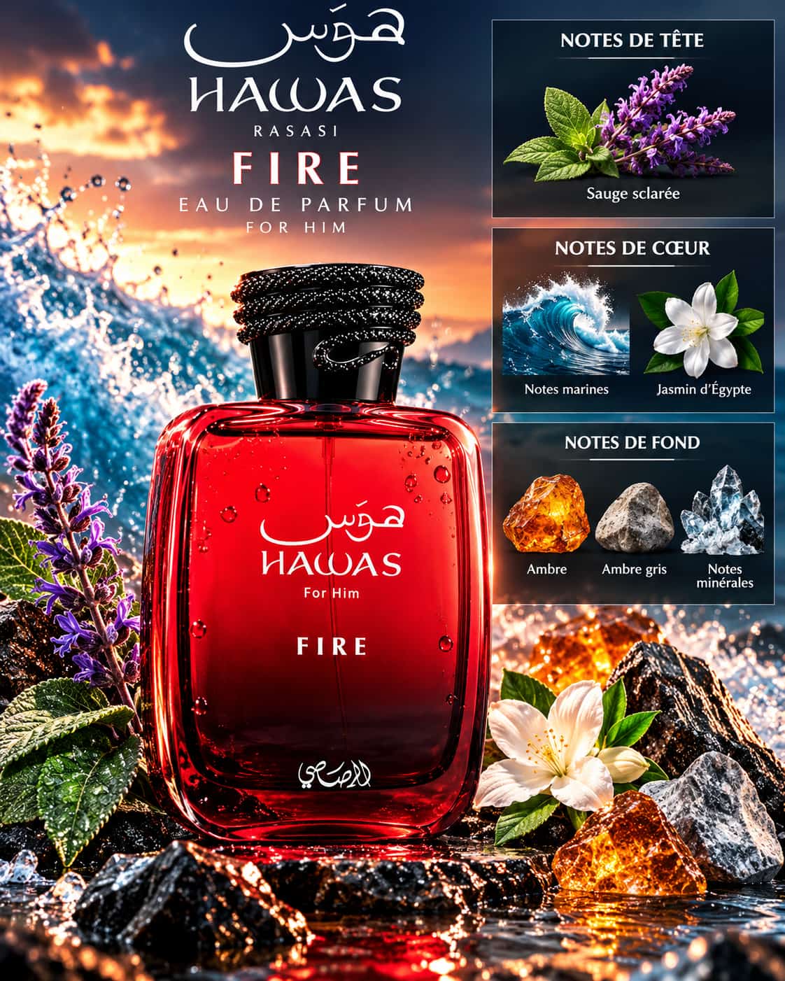 Rasasi Hawas Fire – sauge, notes marines, jasmin et ambre