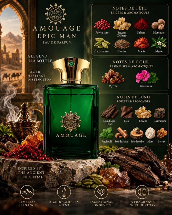 Amouage Epic Man – encens, safran, myrrhe, oud, cuir et bois de santal
