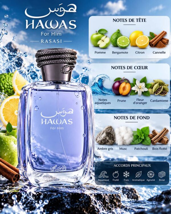 Rasasi Hawas For Him – pomme, citron, notes aquatiques et ambre gris Rasasi Hawas For Him – pomme, citron, notes aquatiques et ambre gris