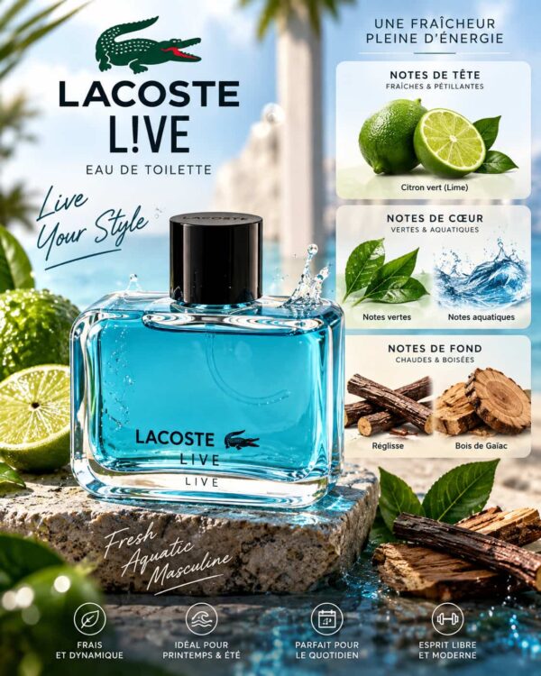 Lacoste L!VE – citron vert, notes aquatiques, réglisse et bois de gaïac Lacoste L!VE – citron vert, notes aquatiques, réglisse et bois de gaïac