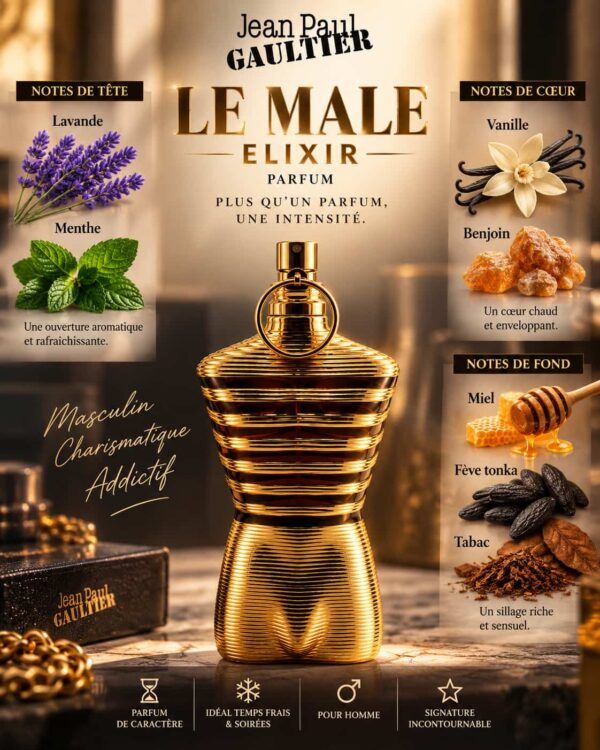 Le Male Elixir Jean Paul Gaultier – Notes lavande, menthe, vanille, miel, fève tonka et tabac