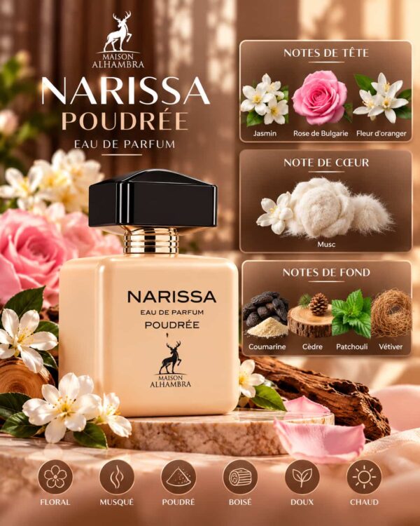 Narissa Poudrée Maison Alhambra – jasmin, rose, musc, cèdre et vétiver Narissa Poudrée Maison Alhambra – jasmin, rose, musc, cèdre et vétiver
