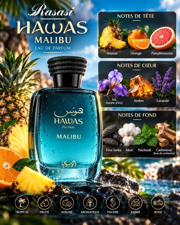 Rasasi Hawas Malibu 100ml avec boîte Rasasi Hawas Malibu 100ml avec boîte