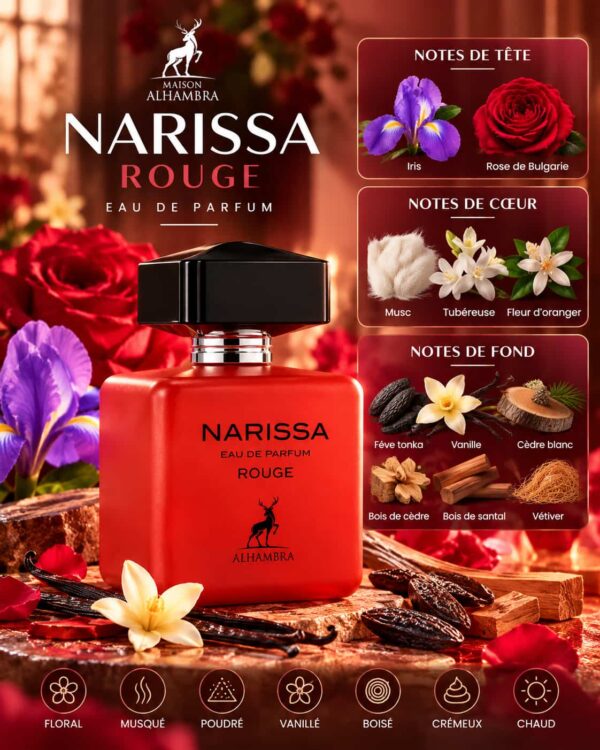 Narissa Rouge Maison Alhambra – iris, rose, musc, vanille et bois de santal Narissa Rouge Maison Alhambra – iris, rose, musc, vanille et bois de santal