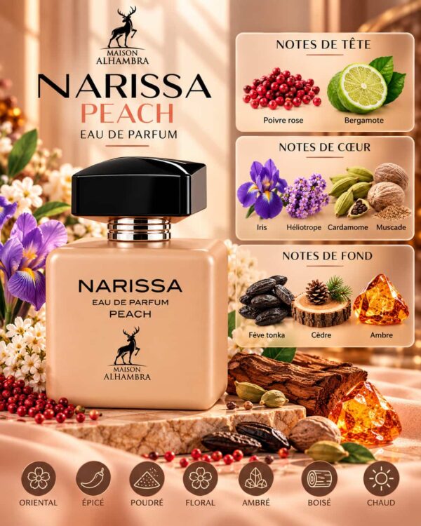 Narissa Peach Maison Alhambra – bergamote, iris, cardamome, fève tonka et ambre Narissa Peach Maison Alhambra – bergamote, iris, cardamome, fève tonka et ambre